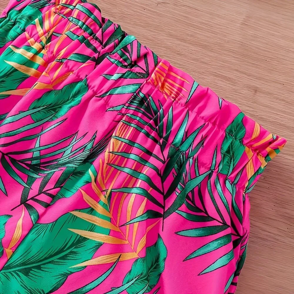 2-Piece Girl's Green Off-Shoulder Blouse Top + Tropical Shorts Set